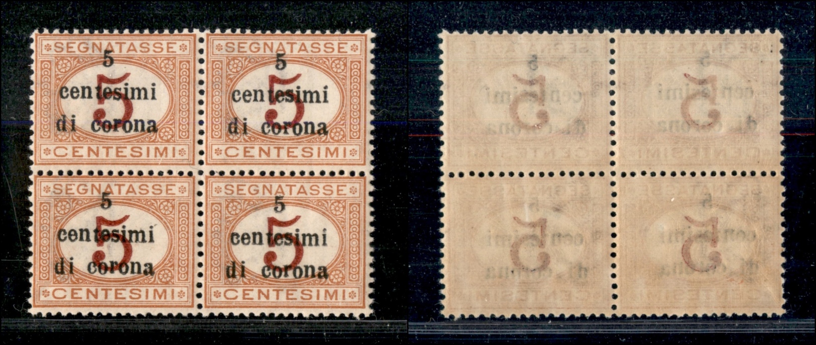 10969 OCCUPAZIONI - TRENTO E TRIESTE - 1919 - 5 Cent Segnatasse (1) Quartina Con Soprastampe Disallineate (non Catalogat - Autres & Non Classés