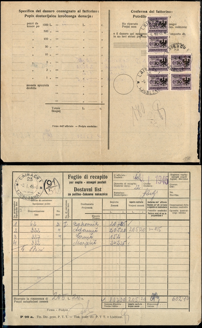 11178 OCCUP.TEDESCA - LUBIANA - 1945 - Foglio Di Recapito Per Vaglia - Assegni Postali - Affrancato Con 6 Pezzi Del 30 C - Autres & Non Classés