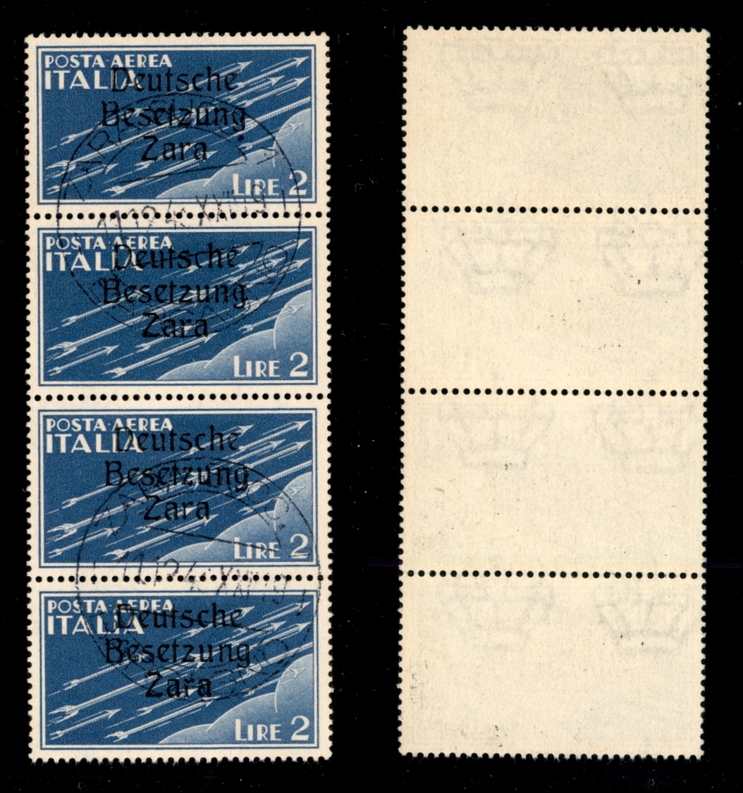 11183 OCCUP.TEDESCA - ZARA - 1943 - Striscia Verticale Di Quattro Del 2 Lire Posta Aerea (6) - Annullo Barcagno 11.12.19 - Autres & Non Classés