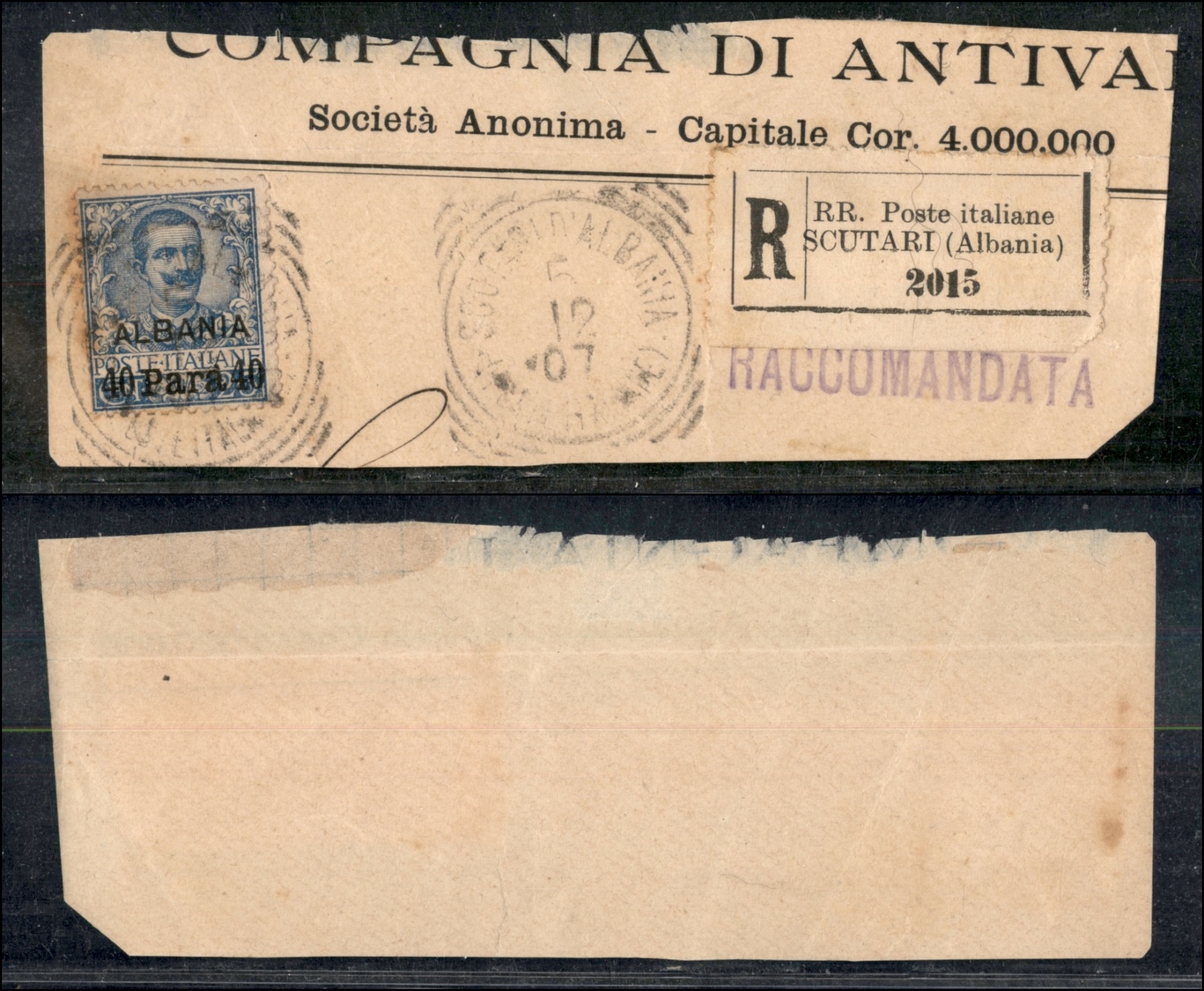 11204 UFFICI POSTALI ESTERO - ALBANIA - 1907 - 40 Parà Su 25 Cent Floreale (6) - Su Frammento Di Raccomandata Con Annull - Other & Unclassified