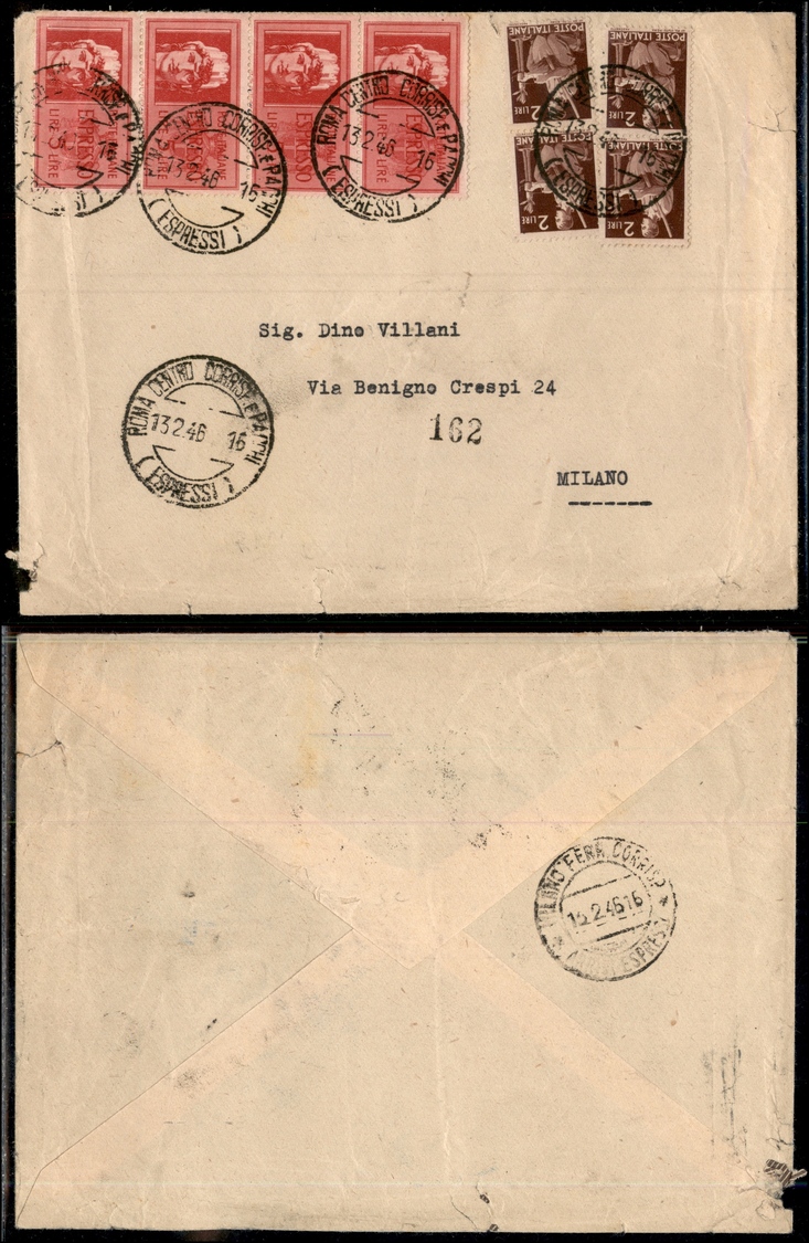 11625 REPUBBLICA - 2 Lire (552) + 5 Lire (24 Espressi) - Affrancatura Multipla Su Busta Da Roma A Milano Del 13.2.46 - Autres & Non Classés