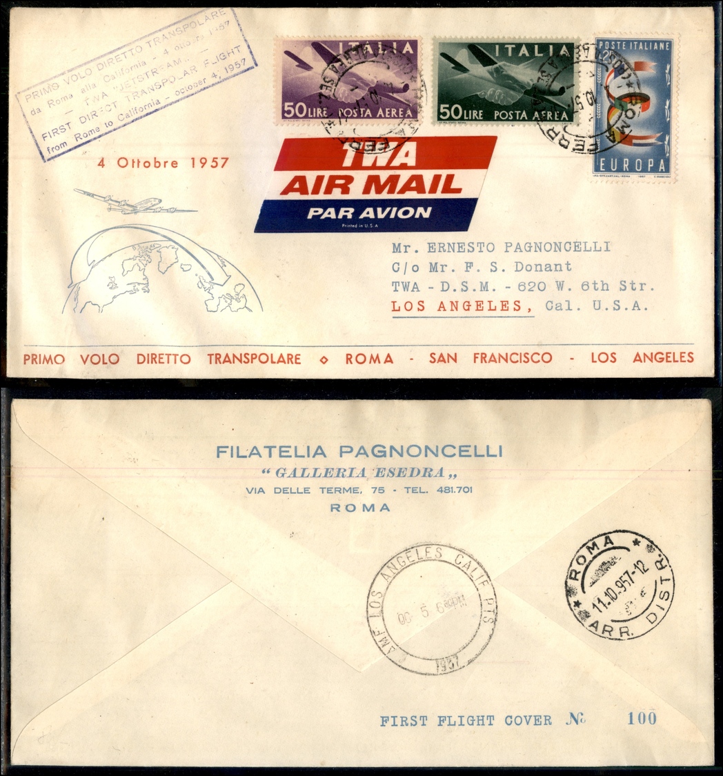 11651 REPUBBLICA - 1957 (4 Ottobre) - Volo Polare Roma Los Angeles - FDC N.100 - Other & Unclassified