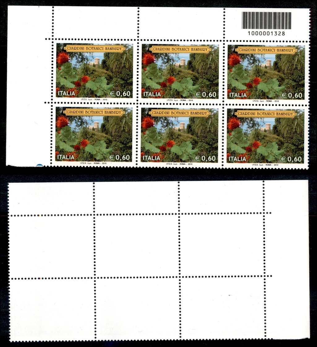 11670 REPUBBLICA - Codice A Barre 1328 - Blocco Angolare Di Sei 0,60 Cent Giardini Botanici Wanbury 2010 - Gomma Integra - Other & Unclassified