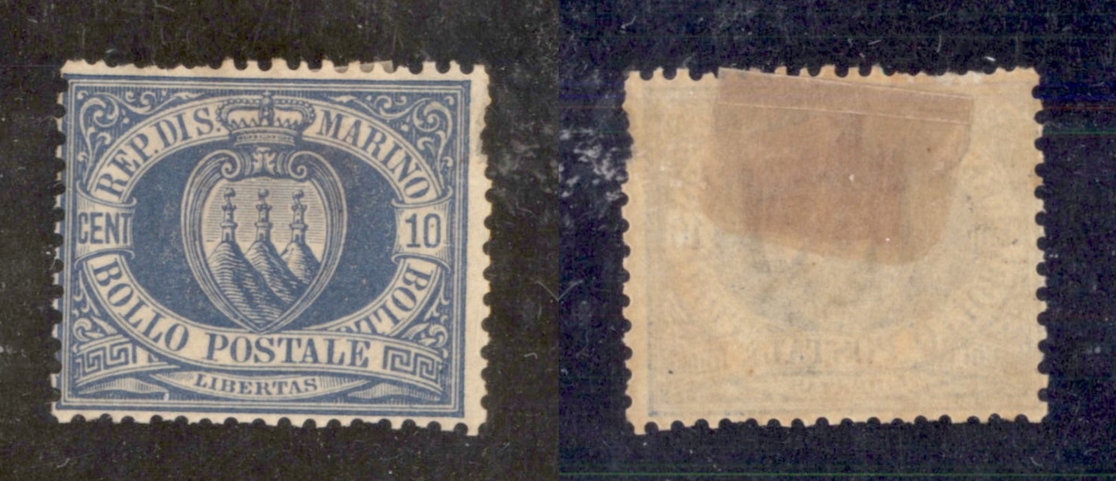 11681 SAN MARINO - 1877 - 10 Cent Stemma (3) - Difettoso - Nuovo Con Gomma (225) - Autres & Non Classés