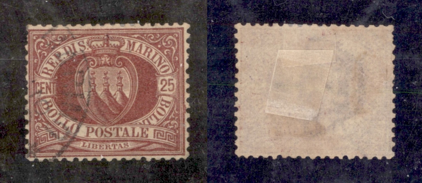 11685 SAN MARINO - 1877 - 25 Cent Stemma (5) - Dentellatura Carente A Sinistra - Ben Centrato - Usato (120) - Sonstige & Ohne Zuordnung