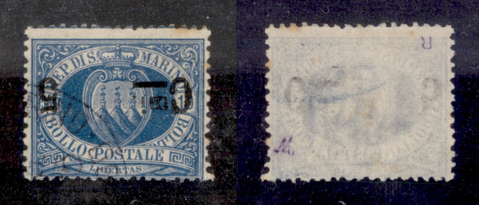 11692 SAN MARINO - 1892 - 5 Cent Su 10 Cent Stemma (8a) - Soprastampa Capovolta - Usato (45) - Autres & Non Classés