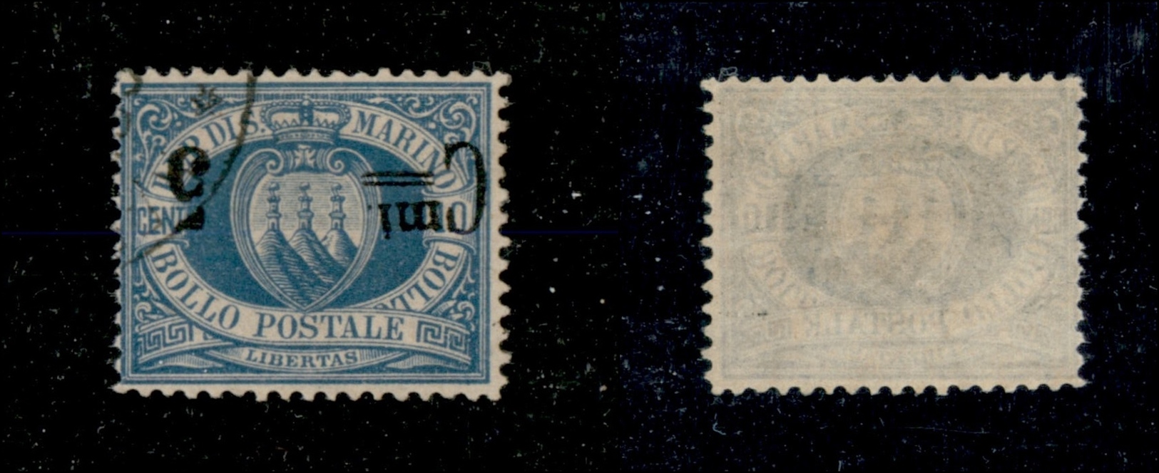 11693 SAN MARINO - 1892 - 5 Cent Su 10 Cent Stemma (8ak) - Soprastampa Capovolta E Due Linee Sottili Invece Di Una Linea - Autres & Non Classés