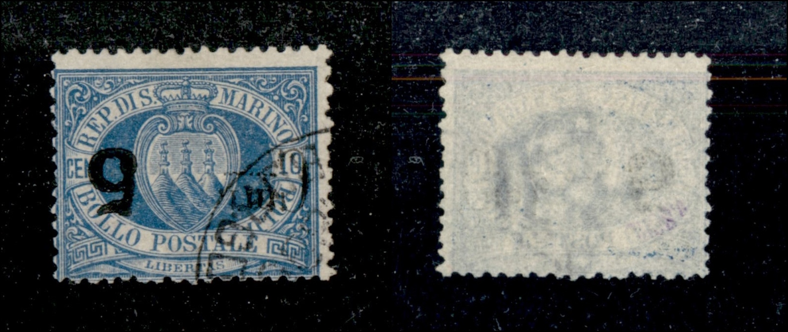 11694 SAN MARINO - 1892 - 5 Cent Su 10 Cent Stemma (8av) - Soprastampa Capovolta E Otto Puntini Invece Di Una Linea Spes - Autres & Non Classés