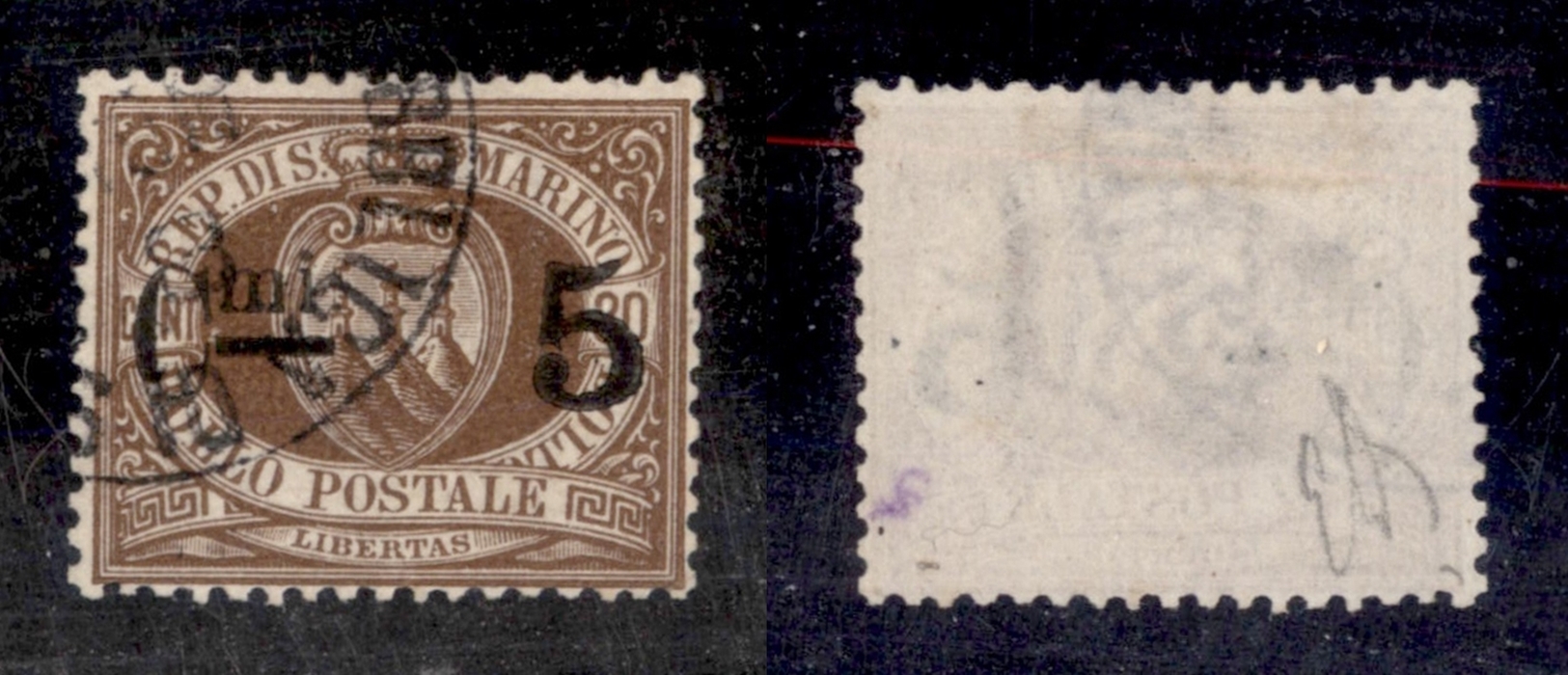 11698 SAN MARINO - 1892 - 5 Cent Su 30 Cent Stemma (9x) - Cifra "5" Molto Grossa - Usato (275) - Autres & Non Classés
