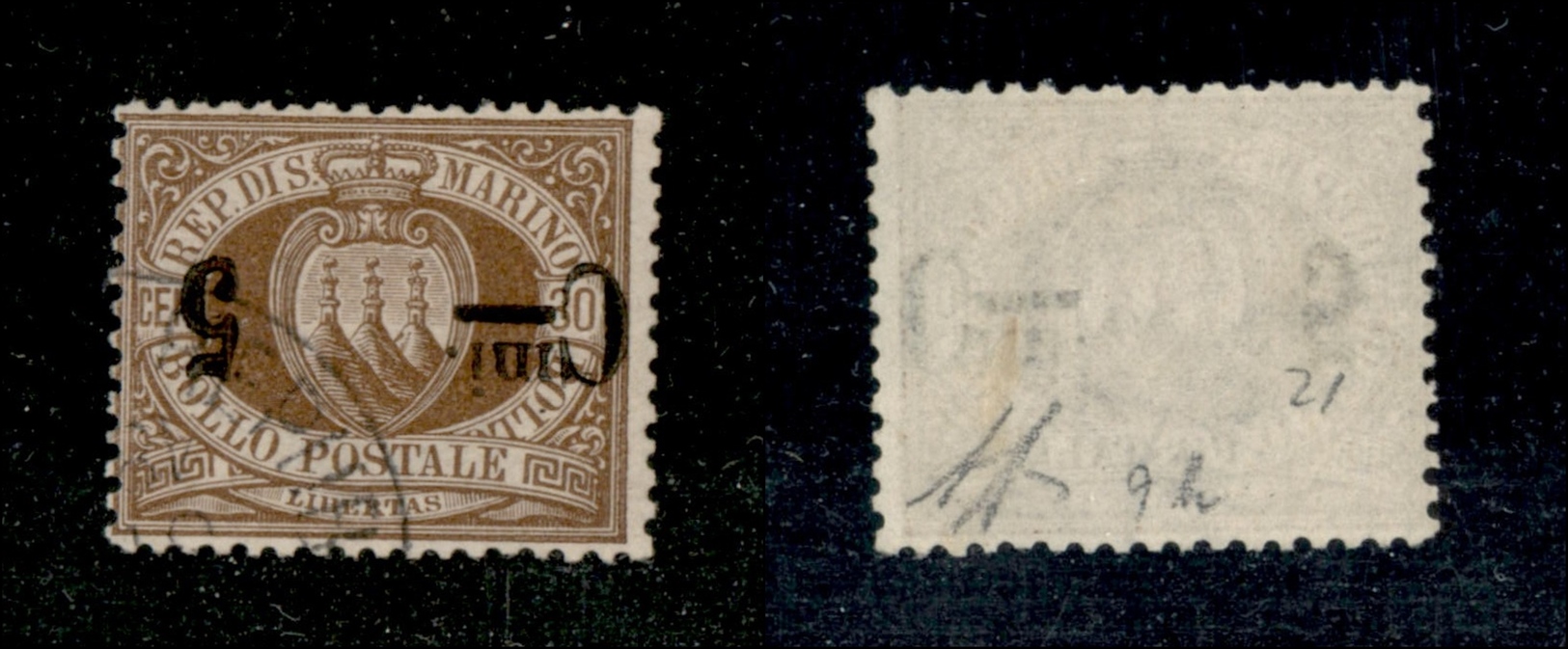 11701 SAN MARINO - 1892 - 5 Cent Su 30 Cent Stemma (9a) - Soprastampa Capovolta - Usato (225) - Autres & Non Classés