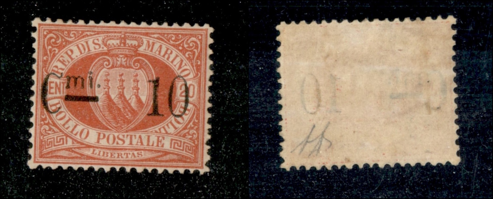 11702 SAN MARINO - 1892 - 10 Cent Su 20 Cent Stemma (10) - Ottimamente Centrato - Nuovo Con Gomma (360) - Autres & Non Classés