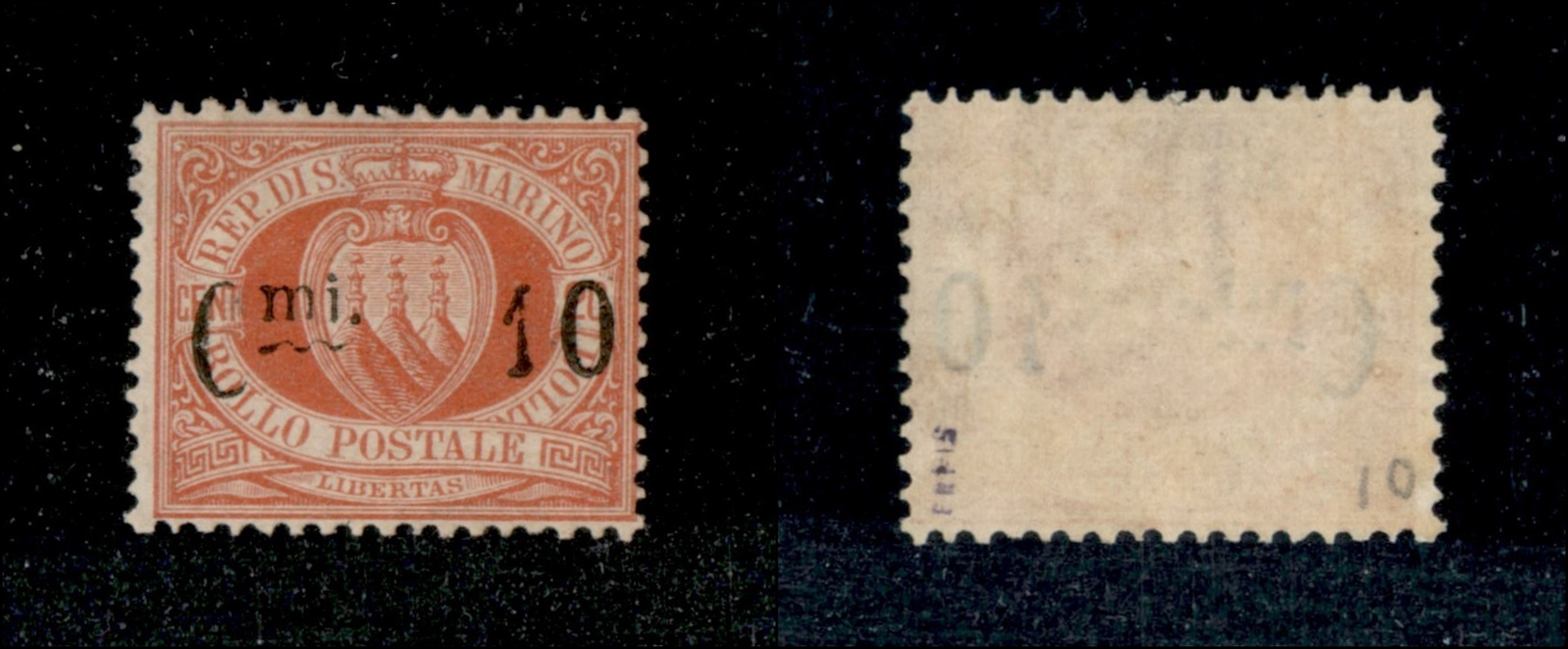 11703 SAN MARINO - 1892 - 10 Cent Su 20 Rosso (10n) - Serpentina Invece Di Una Linea Spessa - Nuovo Con Gomma (500) - Autres & Non Classés