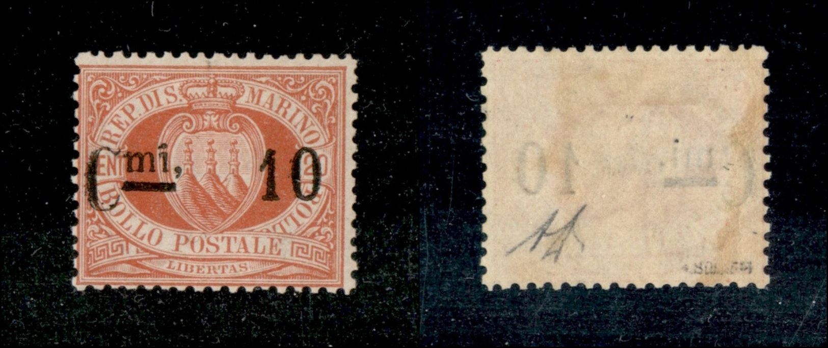 11704 SAN MARINO - 1892 - 10 Cent Su 20 Cent Rosso (10p) - Virgola Dopo "mi" - Nuovo Con Gomma (120) - Autres & Non Classés