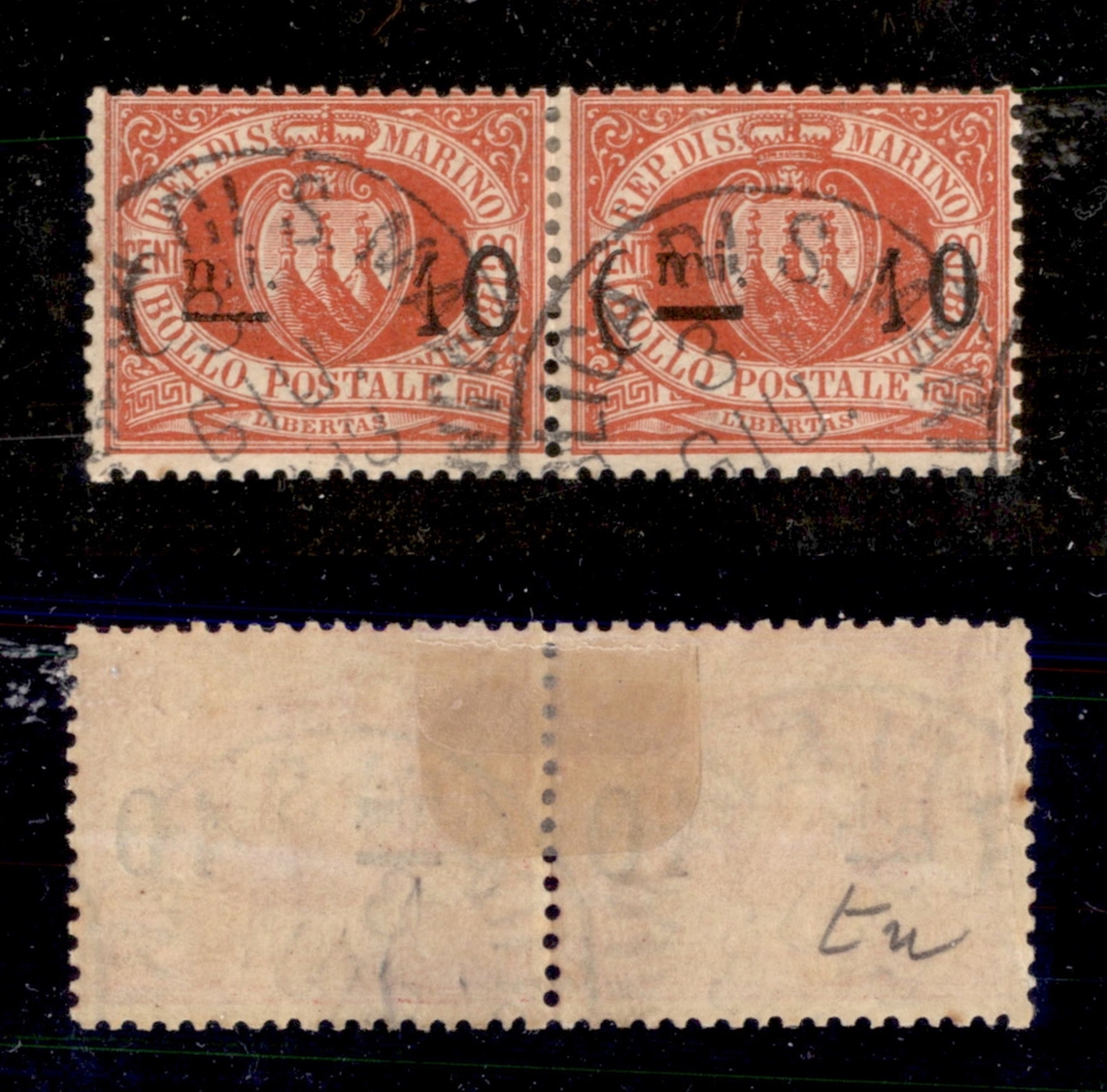 11711 SAN MARINO - 1892 - Coppia Orizzontale Del 10 Cent Su 20 Cent Stemma (10) - Usato (40+) - Autres & Non Classés