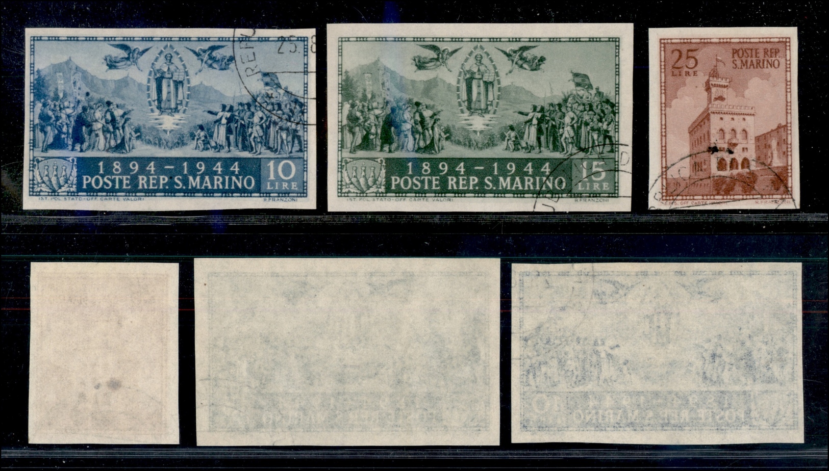 11798 SAN MARINO - 1945 - Palazzo Del Governo E San Marino (278 DEF) - Serie Completa Di 3 Valori - Non Dentellati - Usa - Autres & Non Classés