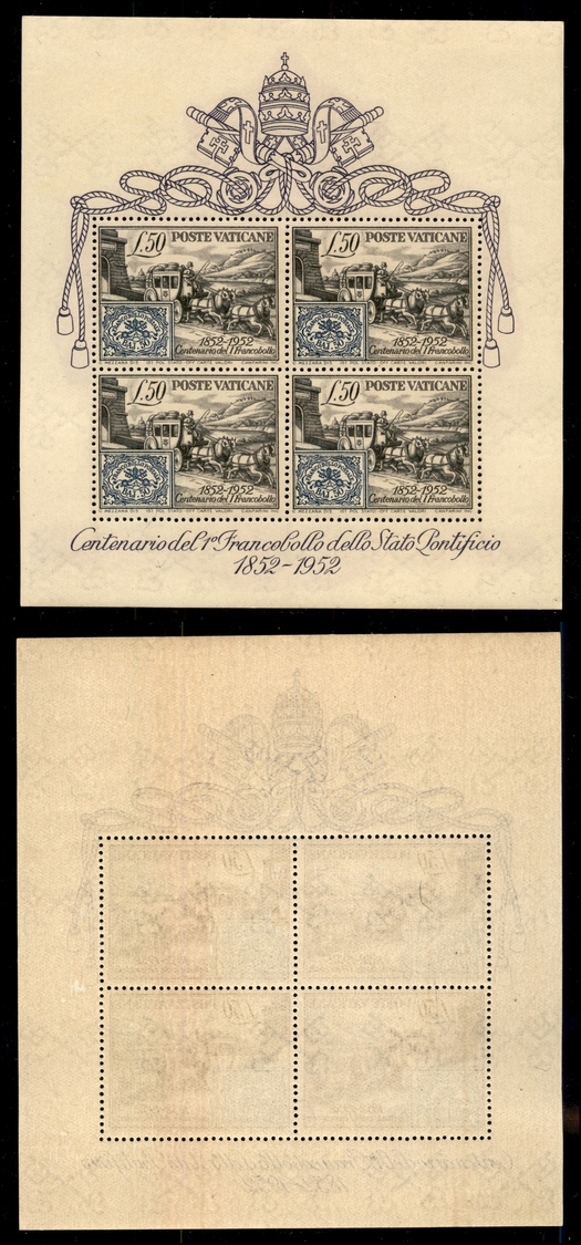 11918 VATICANO - 1952 - Foglietto Centenario Dei Primi Francobolli (1) - Gomma Integra - Perfetto (325) - Autres & Non Classés