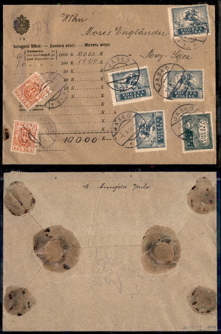 12149 ESTERO - POLONIA - POLONIA - 1919 - Lettera Da Jaslo A Nomy Sacz Del 1.10.19 - Assicurata Per 10000 Corone (68x2 + - Andere & Zonder Classificatie