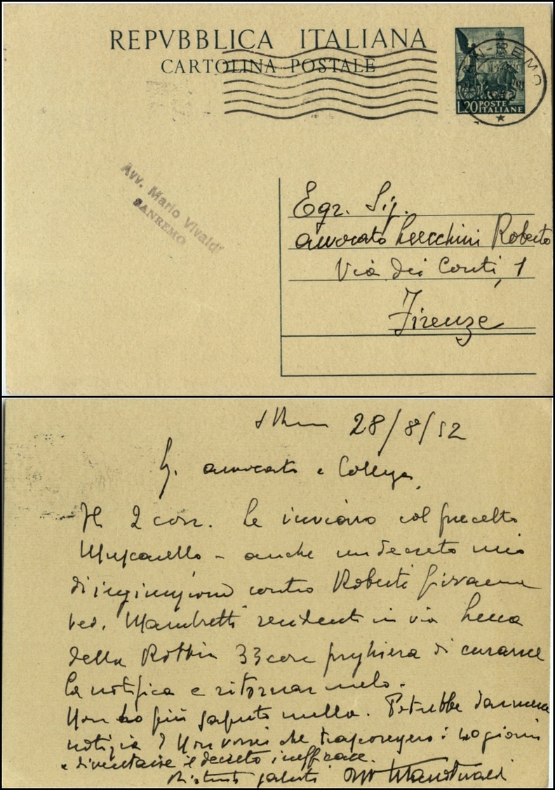 12496 Interi Postali - 1951, Quadriga, Lire 20 (C143), 28.8.52 - Autres & Non Classés