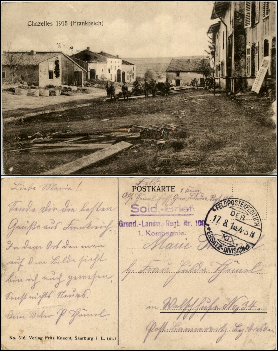 12530 Cartoline - Paesaggistiche Straniere - Chazelles 1915, Francia, Frankreich, Feldpost, Viag.'916 - Autres & Non Classés