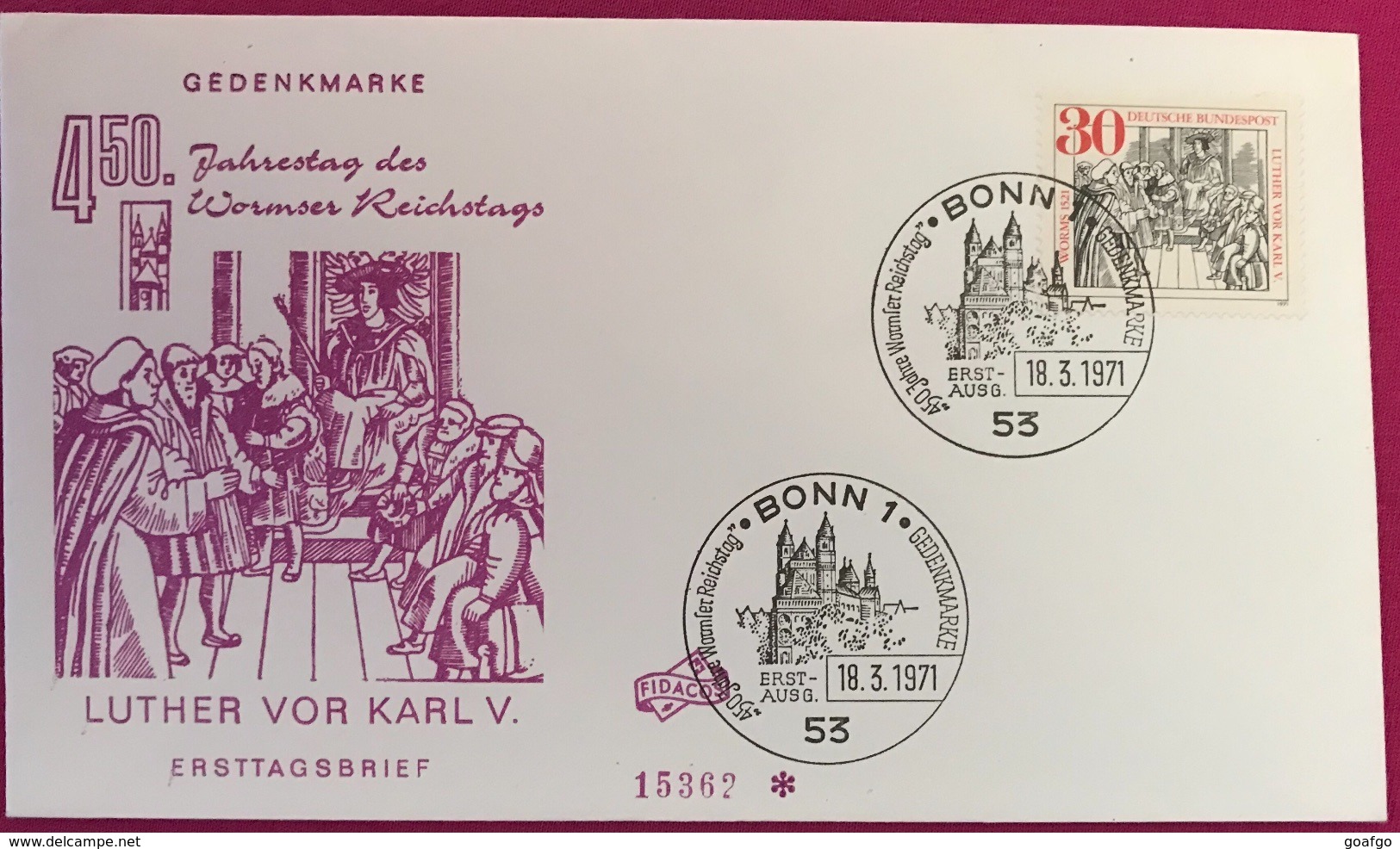 FDC Worms Reichstag Jahrestag, Luther Vor Karl V, Gedenkmarke, Sonderstempel Mit Burg 18.3.1971 - Altri & Non Classificati