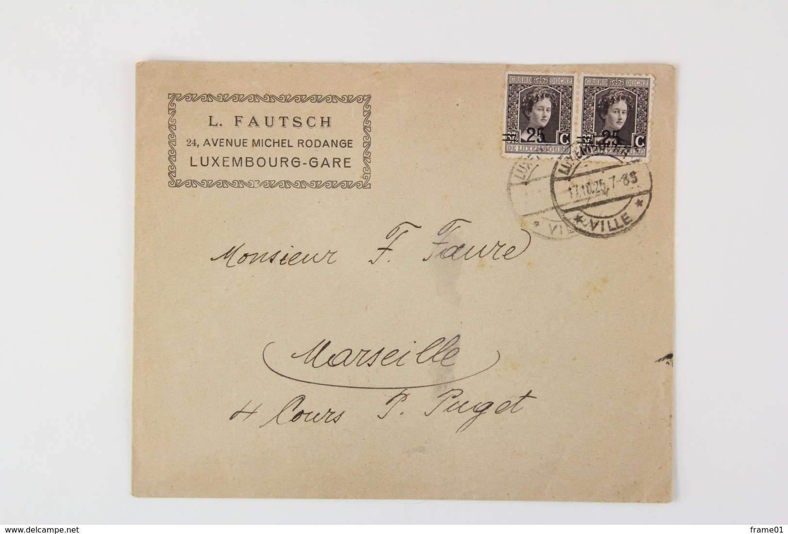 Enveloppe 1925 Luxembourg --> Marseille, Affr. 50c Paire Grande Duchesse Marie Adelaide 25c Surch. YT 115A - Lettres & Documents