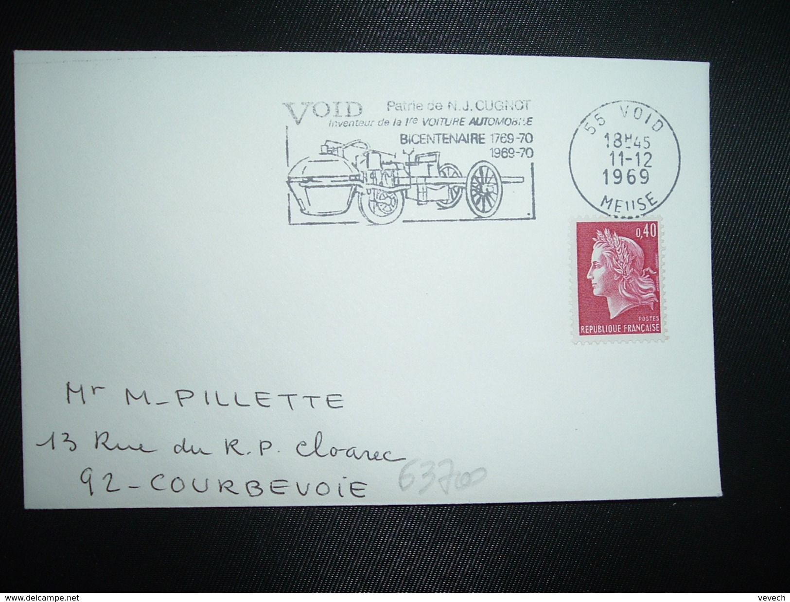 LETTRE TP M.DE CHEFFER 0,40 OBL.MEC.11-12-1969 55 VOID MEUSE Patrie De CUGNOT Inventeur De La 1ère VOITURE AUTOMOBILE - Sonstige (Land)