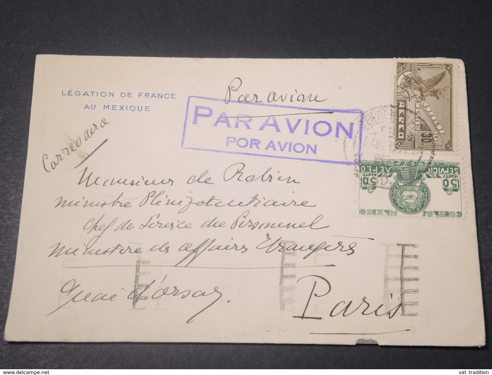 MEXIQUE - Enveloppe De La Légation De France  Pour Paris En 1935 Par Avion - L 11061 - Mexico