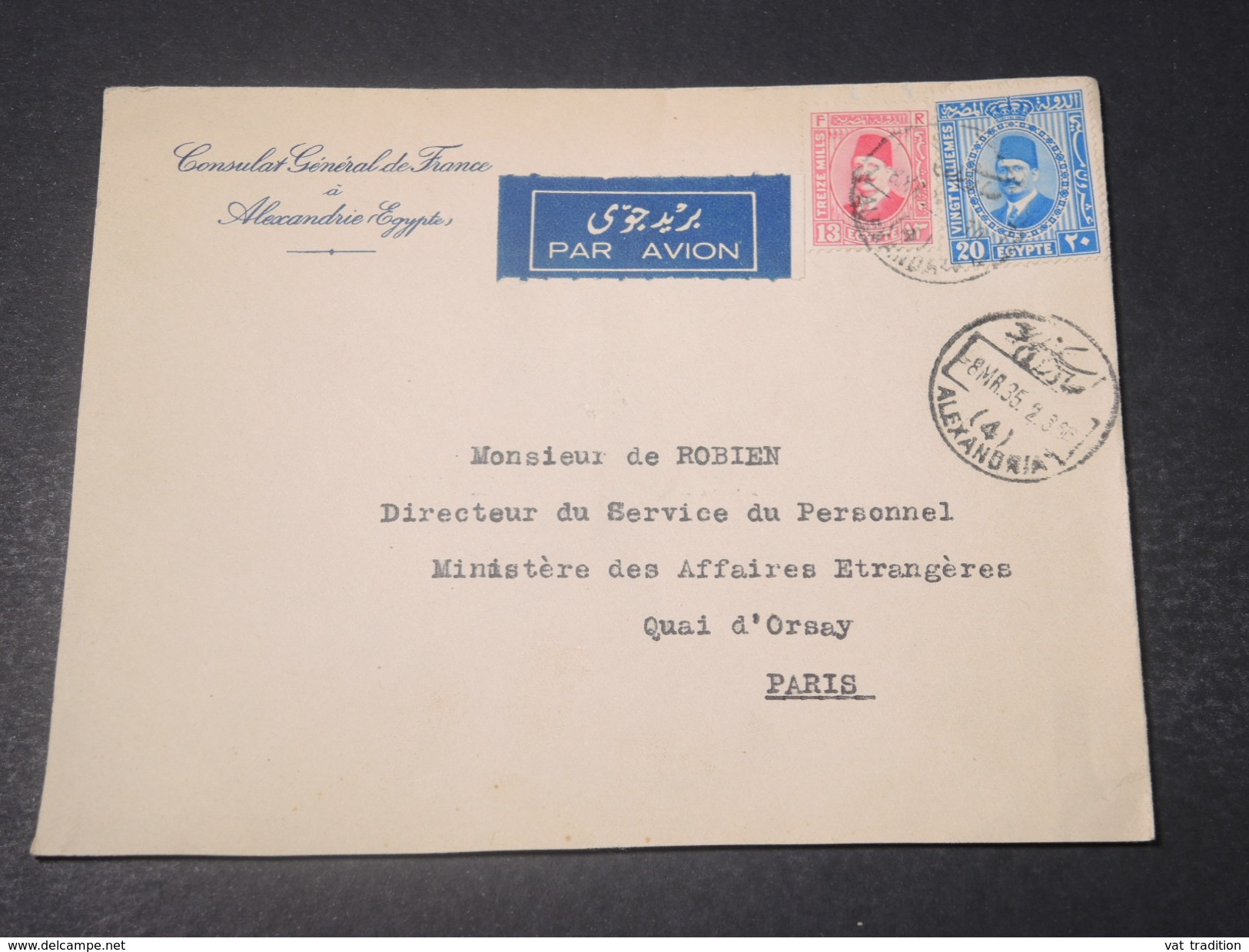 EGYPTE - Enveloppe Du Consulat De France à Alexandrie Pour Paris En 1935 Par Avion - L 11063 - Lettres & Documents