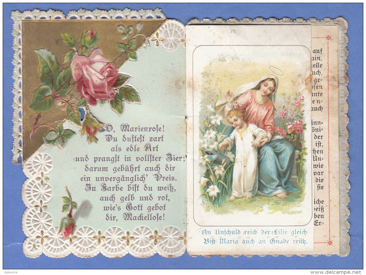 Andachtsbild Mehrseitig Um 1900, Goldprägebild Mit Spitzen, Ausklappbar, DIE MARIENROSE, Gebrauchsspuren - Devotion Images