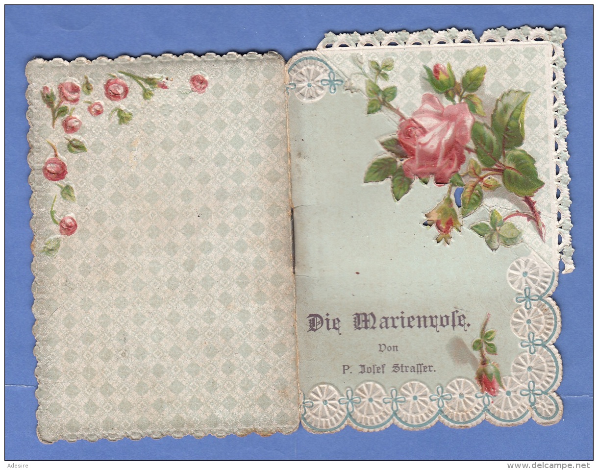 Andachtsbild Mehrseitig Um 1900, Goldprägebild Mit Spitzen, Ausklappbar, DIE MARIENROSE, Gebrauchsspuren - Devotion Images