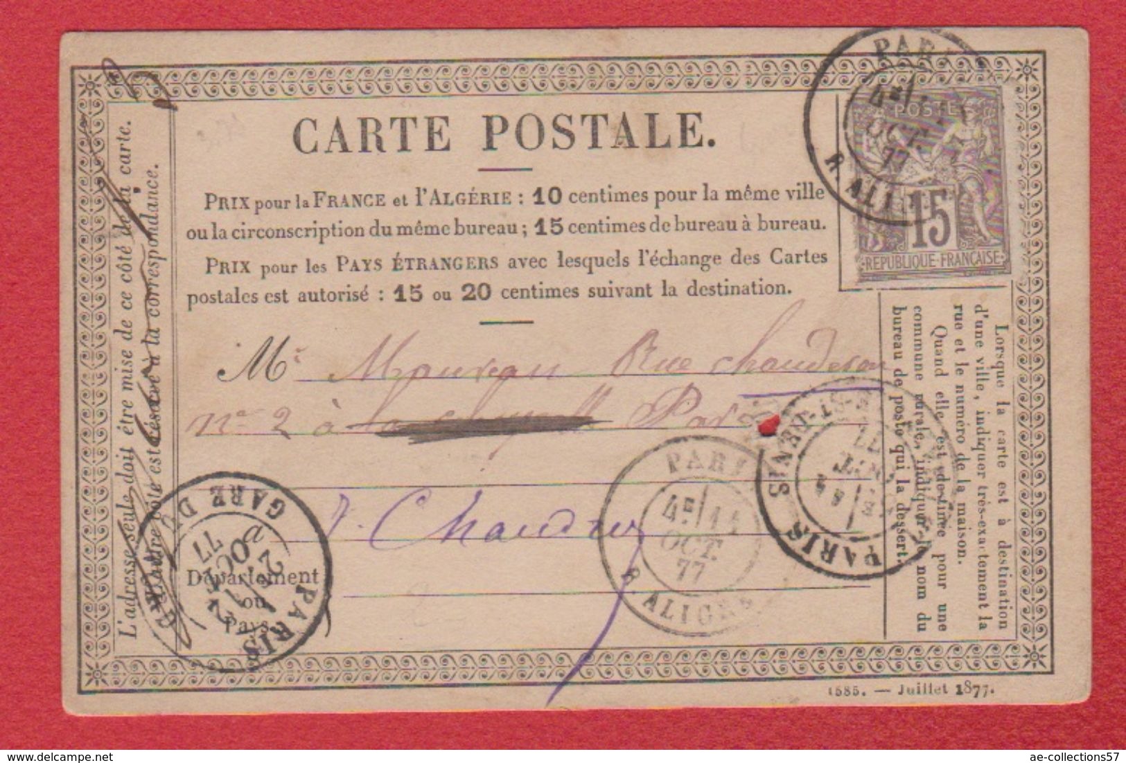 Carte Postale Départ Paris  -- Oct 1877  --  Trou - Cartoline Precursori