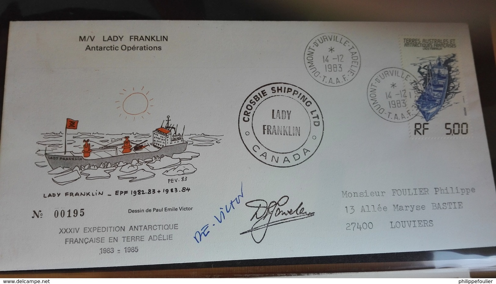 Pli TAAF Oblitéré 1983 Lady Franklin + Dessin Et Signature P.E.V. - Covers & Documents