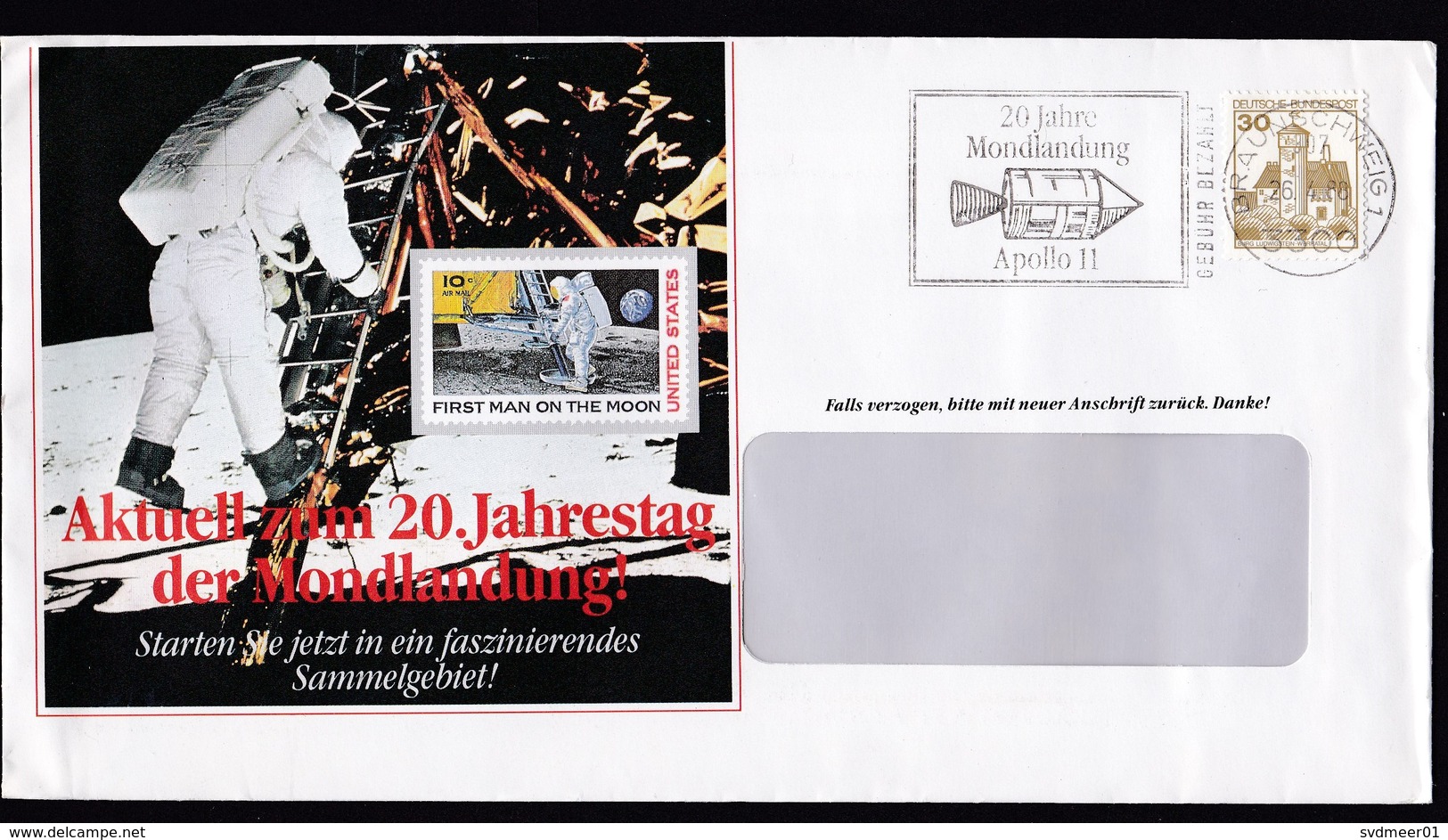 Germany: Advertorial Cover, 1988, 1 Stamp, Cancel Moon Landing, Apollo, Space, Rocket, Missile (traces Of Use) - Brieven En Documenten