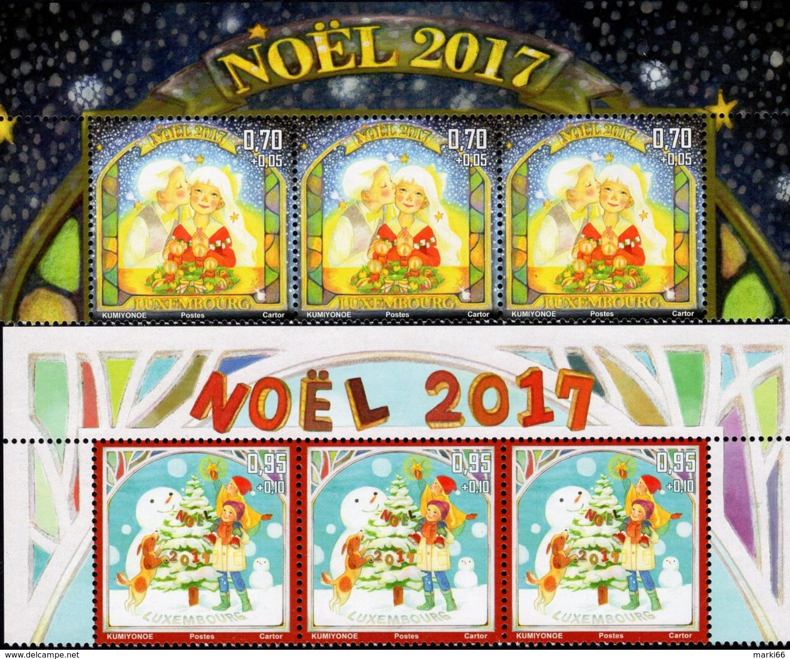 Luxembourg - 2017 - Christmas - Mint Upper Stamp Panes Set With Varnish Glitter - Nuovi