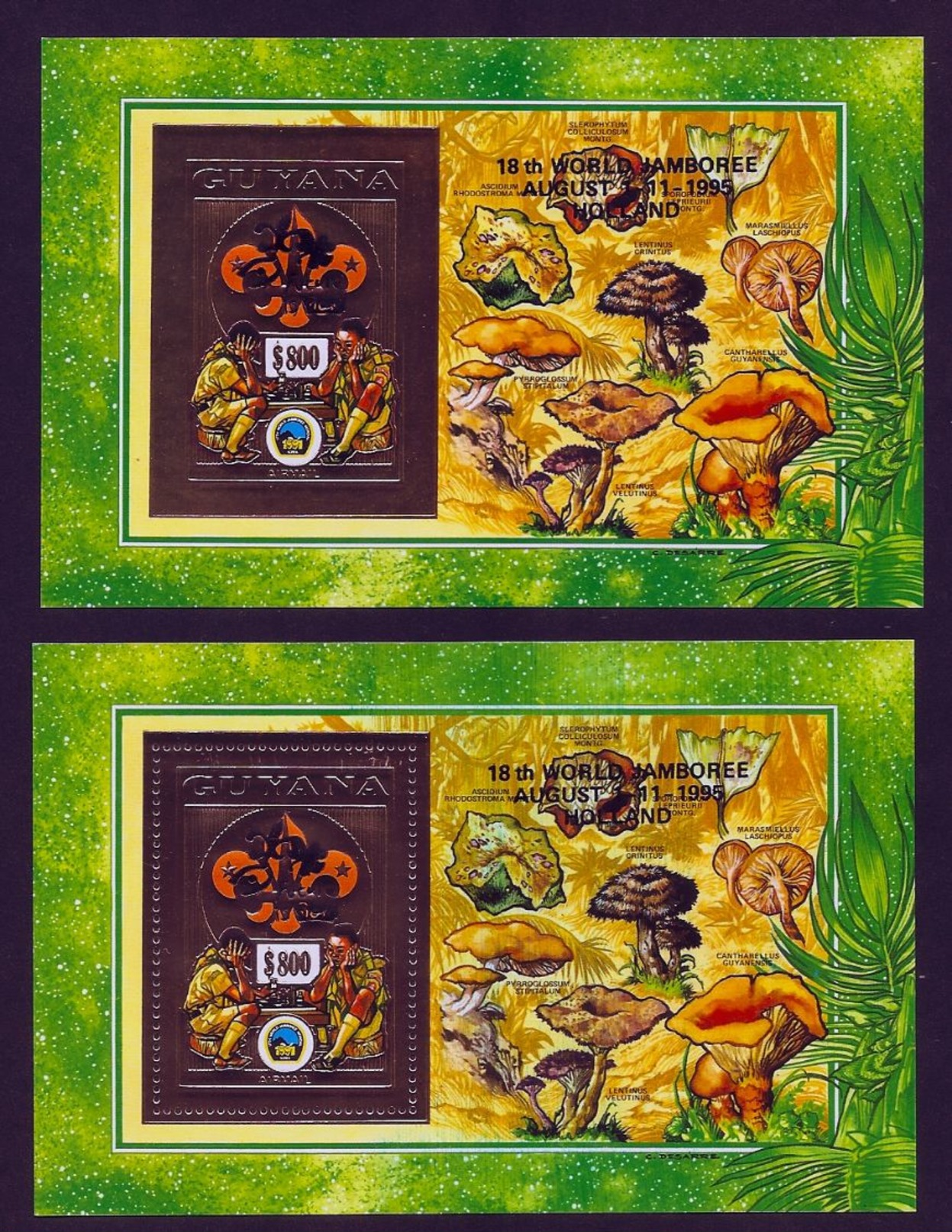 {{{{{  GUYANA SPORT CHESS BOY SCOUT  MUSHROOMS  2 BLOCKS  GOLD PERF & IMPERF WITH SCARCE BLACK OVERPRINT MNH SUPERB }}} - Schaken