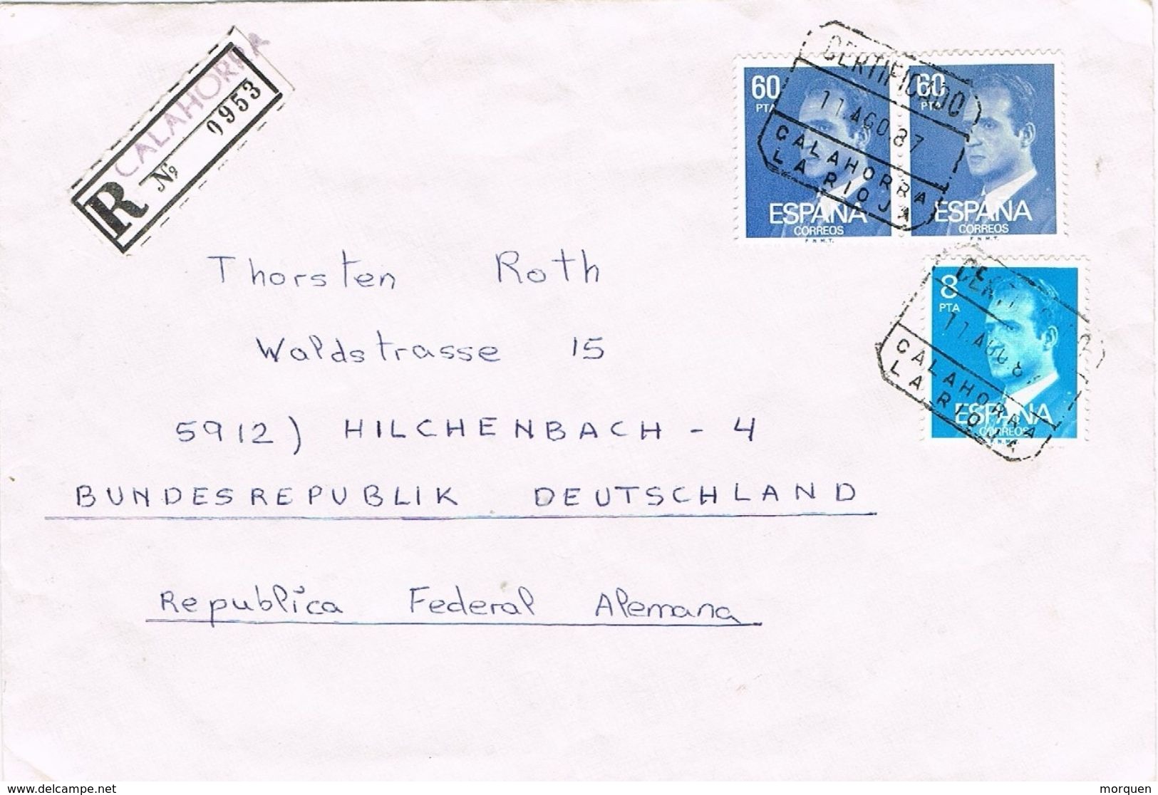 26879. Carta Certificada CALAHORRA (Logroño) Rioja 1987 A Alemania - Briefe U. Dokumente