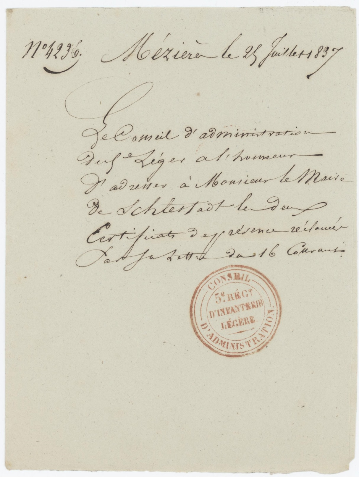 MÉZIÈRE 25.7.1837  Conseil D'Administration 5e Régt. D'Infanterie Légère Deux Certificats Envoyés à Sélestat - Documents Historiques