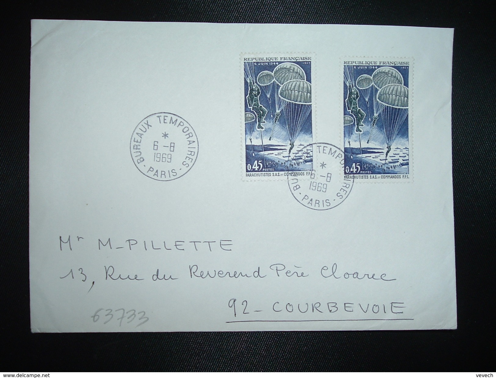 LETTRE TP PARACHUTISTES SAS ET COMMANDOS FFL 0,45 X2 OBL.6-8-1969 PARIS BUREAUX TEMPORAIRES - Postal Rates