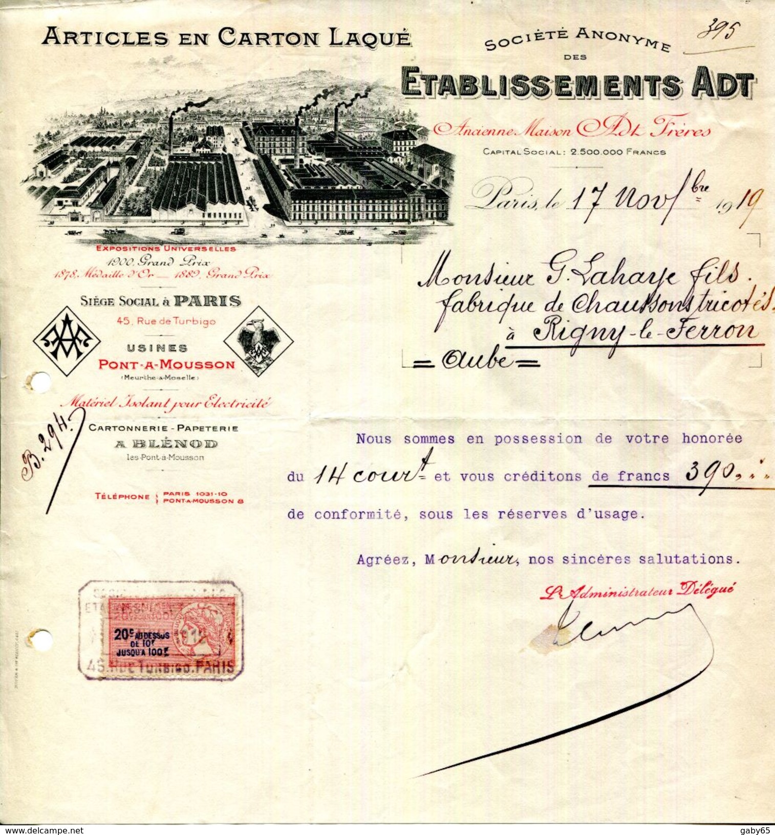 ARTICLES EN CARTON LAQUE.Ets.ADT 45 RUE DE TURBIGO.PARIS.USINES A PONT A MOUSSON ( 54 ) - Stamperia & Cartoleria