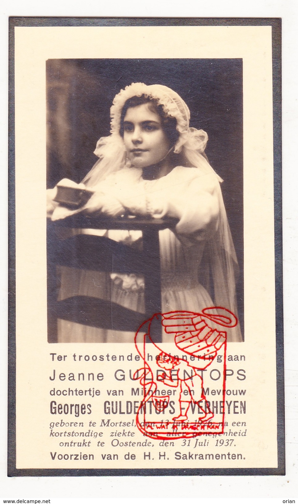 DP Communie Foto Jeanne Guldentops / Verheyen 11j. ° Mortsel 1926 † Oostende 1937 - Images Religieuses
