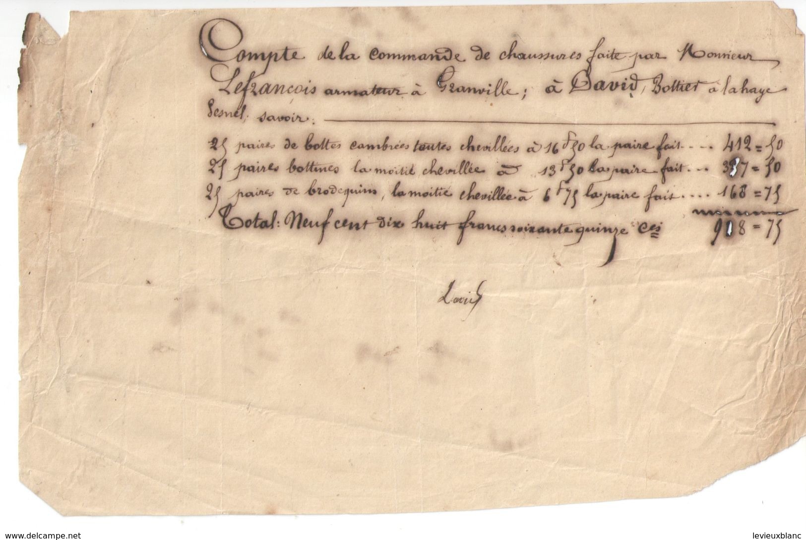 Facture Manuscrite/Commande De Chaussures/Lefrançois Armateur GRANVILLE/David, Bottier, La Haye Pesnel/Vers1860    MAR50 - Trasporti