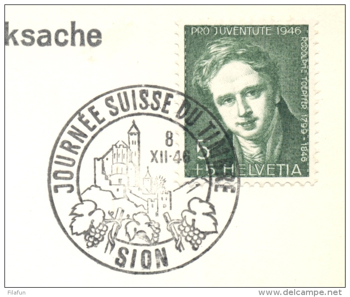 Schweiz - 1946 - 5c Rodolphe Toepfer, Journee Suisse De Timbre Sion Sent To Leeuwarden / Nederland - Brieven En Documenten