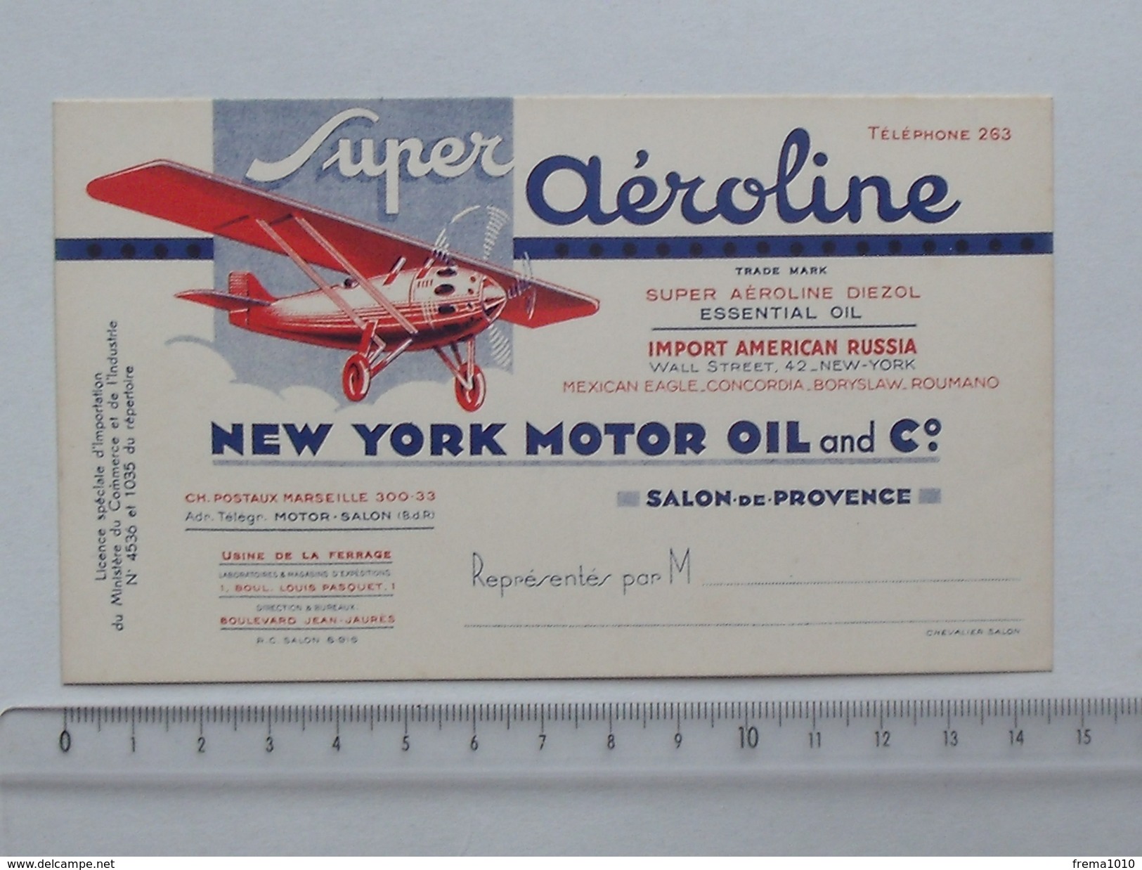 NEW YORK MOTOR OIL And Cie Super Aéroline: Carte De Visite Ancienne - Salon-de-Provence - Aviation Avion - Tarjetas De Visita