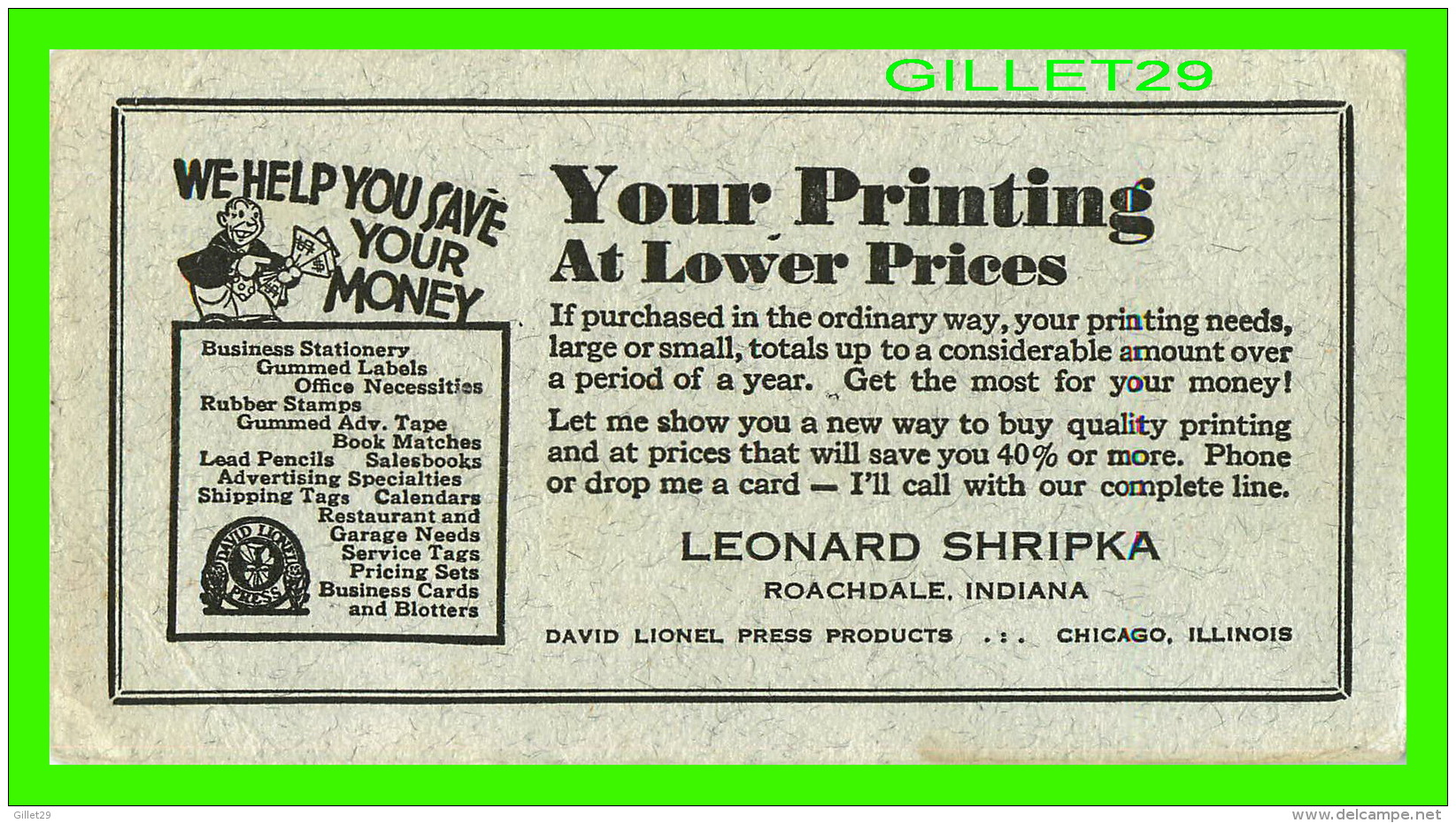 BUVARD -  IMPRIMERIE, LEONARD SHRIPKA PRINTING, ROACHDALE, INDIANA - YOUR PRINTING AT LOWER PRICES - - I