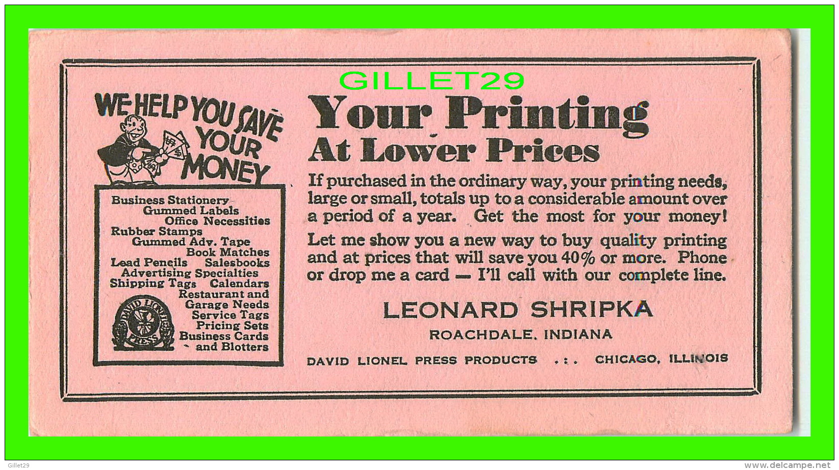 BUVARD -  IMPRIMERIE  LEONARD SHRIPKA PRINTING, ROACHDALE, INDIANA - YOUR PRINTING AT LOWER PRICES - - I