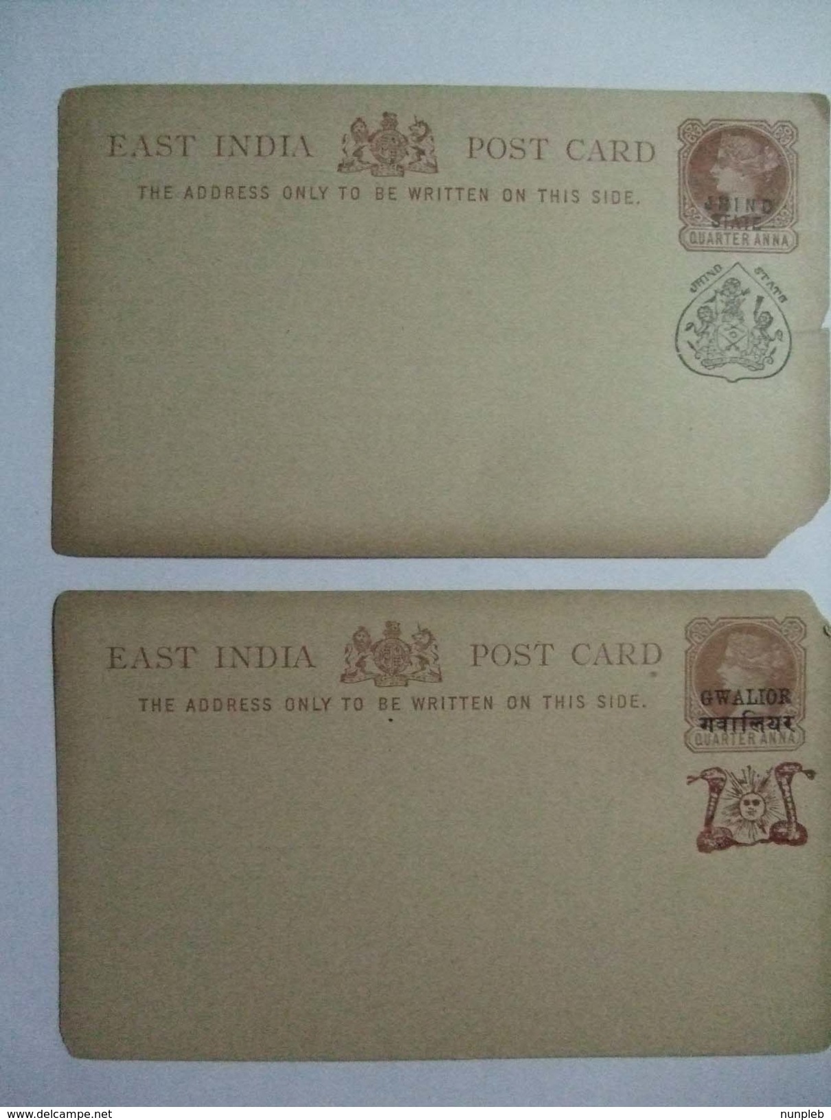 INDIA -  Jhind State & Gwailior - Victoria 1/4 Anna Postcards - Jhind