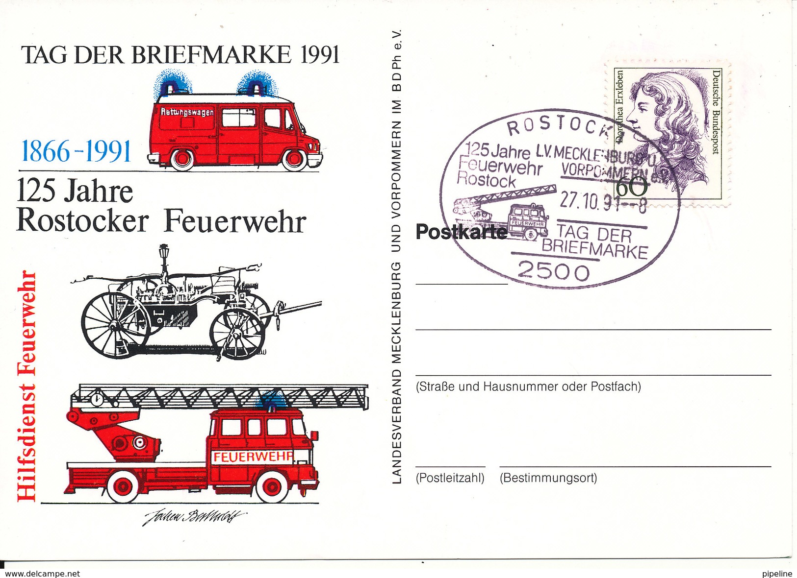 Germany Postcard Stamp's Day Rostock 27-10-1991 Fire Brigade 125th Anniversary Rostocker Fire Brigade - Covers & Documents