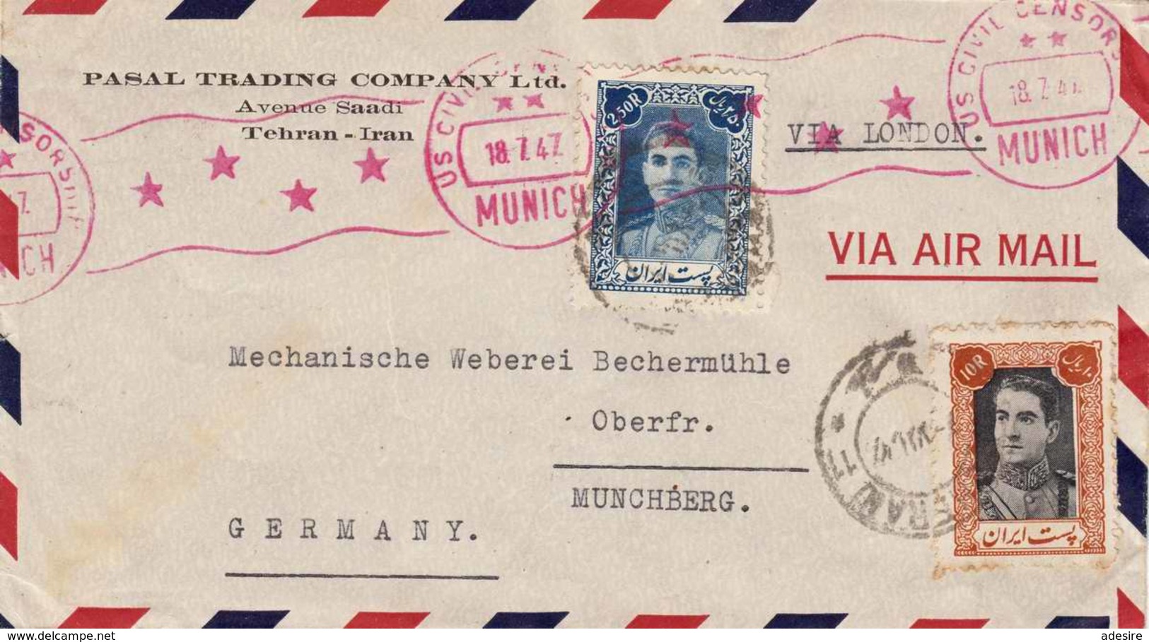 PERSIEN - IRAN 1947 - 2,5 R + 10 R Auf Brief (US CIVIL CENSOR, Roter Rollstempel) Via Air Mail Von Tehran Via London ... - Iran