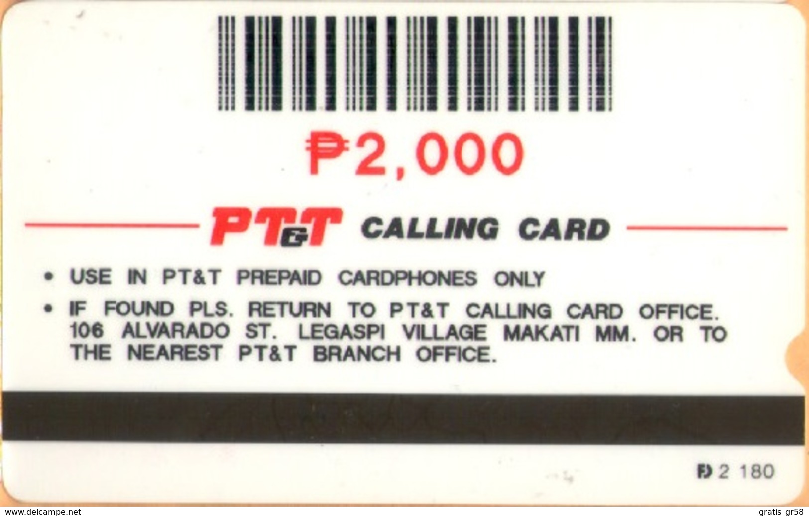 Philippines - Philippine Telegraph And Telephone (PT&T), Alcatel, Test 2.000 Peso, Used - Philippines