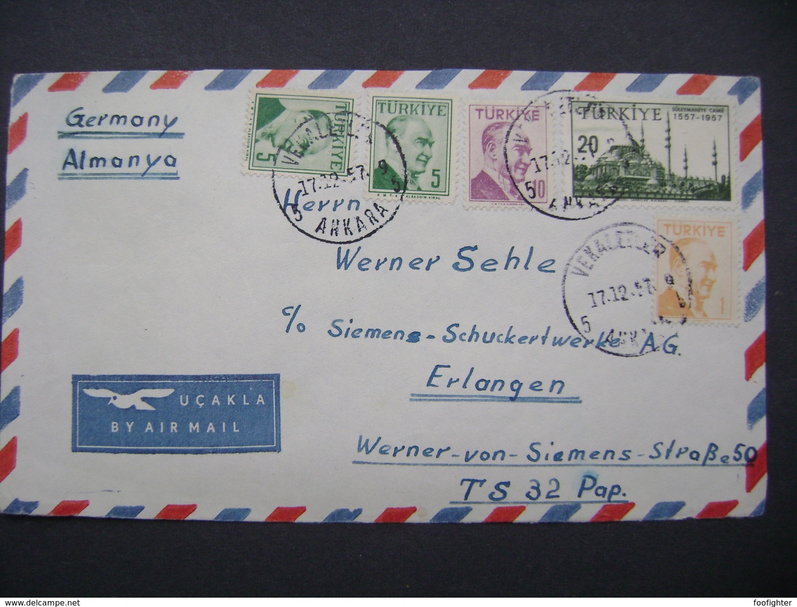 Ankara Vekaletler 1957 (front Side From Airmail Letter Only) - To Germany, Stamps Atatürk, Süleymaniye Camii - Posta Aerea